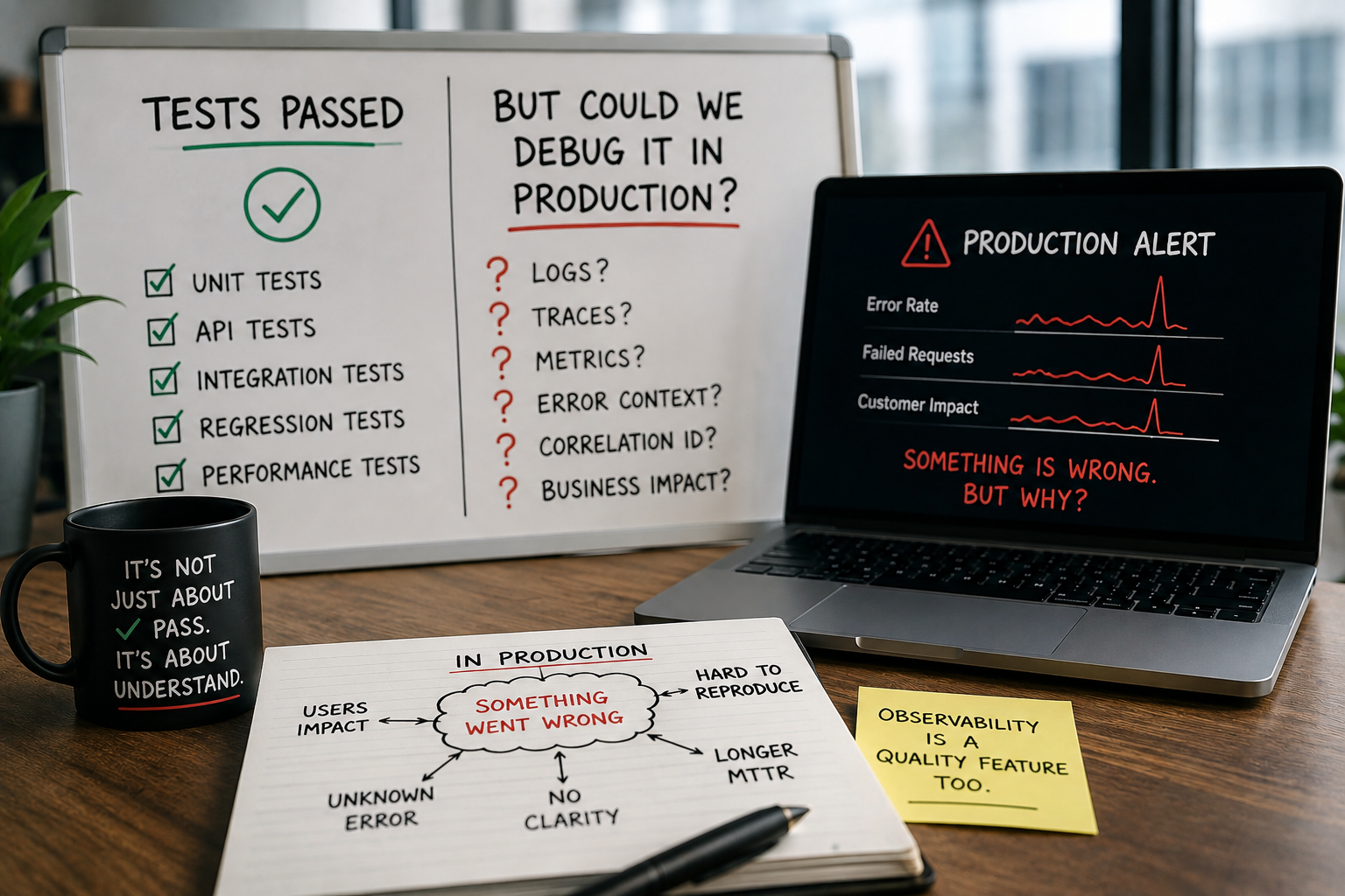 A green test suite is useful, but production quality also depends on whether failures can be traced, understood and acted on.