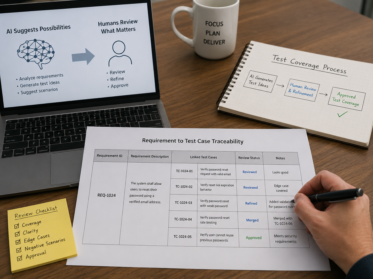 Good test coverage is not about generating more scenarios. It is about checking the right positive, negative, boundary, security and integration risks.